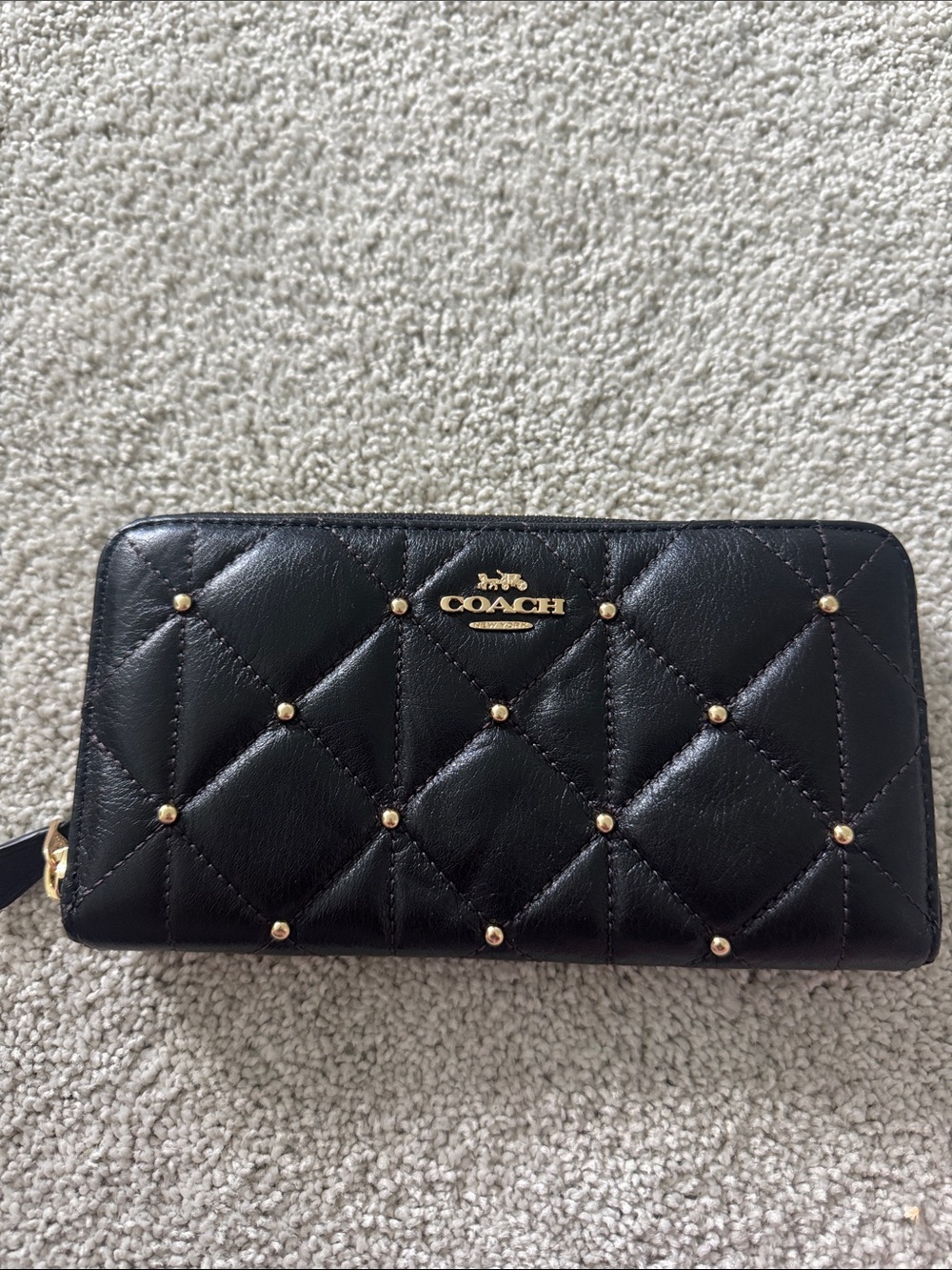 Coach Black Quilted Leather Zip Wallet with Gold Studs